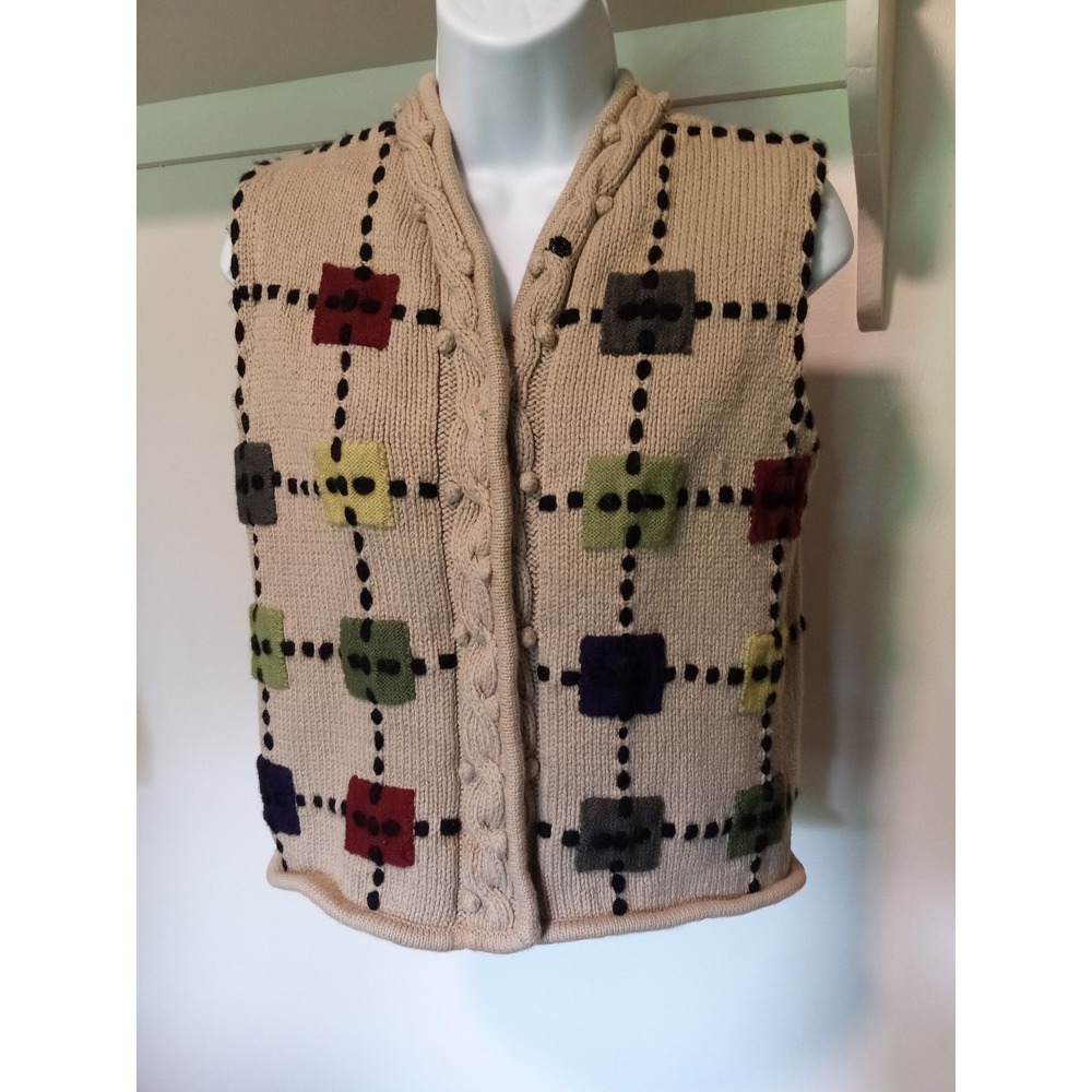 Lisa Nichols Womens Brown Cotton Knit Patchwork Grid Button Front Sweater Vest M
